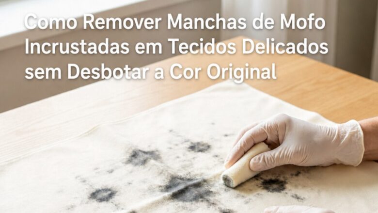 Fotografia limpa e profissional focando na remoção manual e cuidadosa de manchas incrustadas de mofo preto em um tecido colorido delicado, ilustrando o título do artigo.