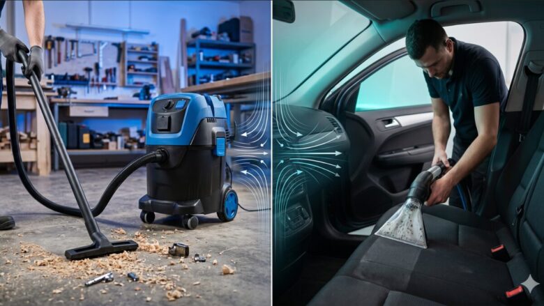 Comparação visual entre um aspirador de pó e água em uma oficina e uma extratora de alta pressão limpando um banco de carro.