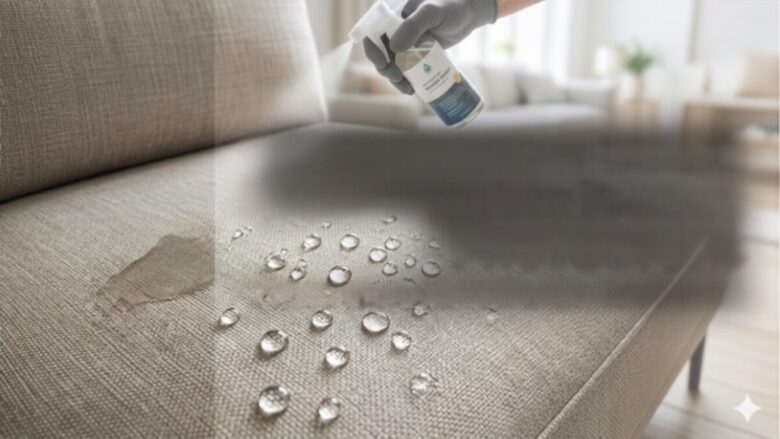 Application Guide for Hydrophobic Fabric Protectors effectiveness on a couch with water droplets forming perfect beads on the surface.