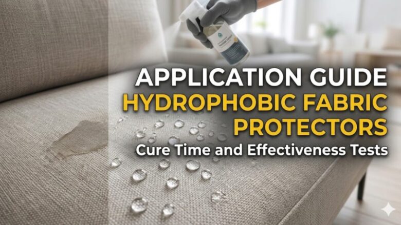 Demonstration of hydrophobic fabric protector effectiveness on a couch with water droplets forming perfect beads on the surface.