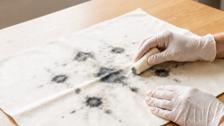 A clean, professional blog cover image for FixByMyself.com showing how to remove stubborn mold stains from delicate colored fabrics without fading the original color.