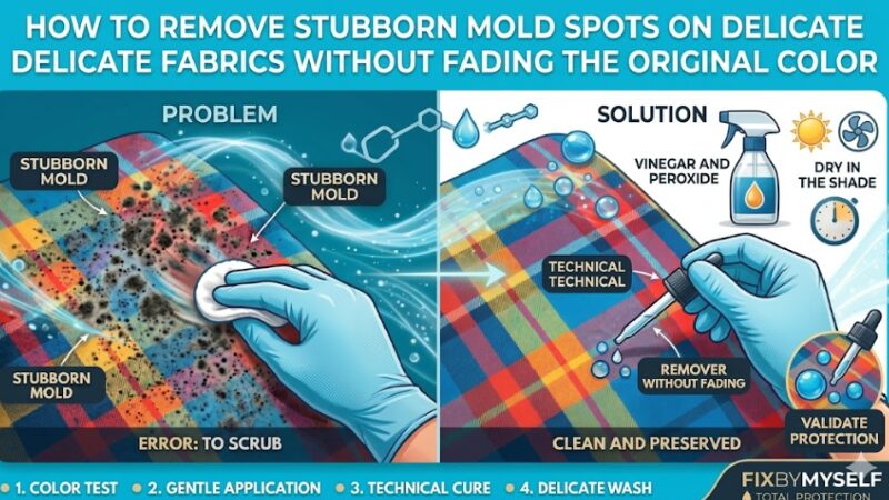 English infographic from FixByMyself.com showing how to remove stubborn mold stains from delicate color fabrics without fading using a gentle method.