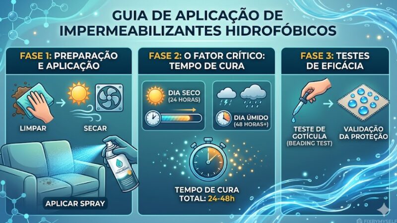 Infográfico detalhado em três fases para aplicação de impermeabilizantes hidrofóbicos, abordando desde a limpeza e aplicação do spray, passando pelas variações de tempo de cura conforme o clima (seco e úmido), até o teste final de gotícula para validação da proteção.