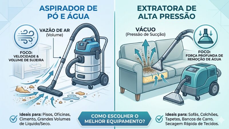 Infográfico comparativo mostrando a diferença técnica entre a vazão de ar do aspirador de pó e o poder de vácuo da extratora.