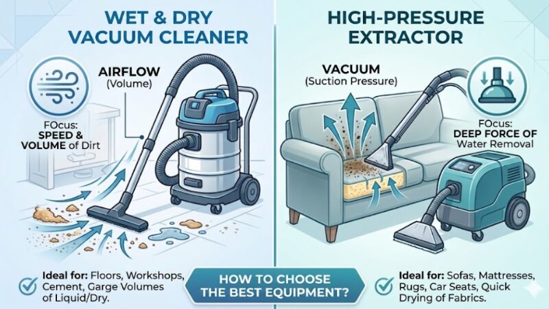 Suction power infographic comparing CFM airflow of shop vacs against Water Lift pressure of carpet extractors.