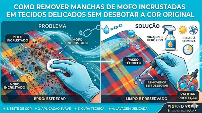 Infográfico interno detalhando as quatro etapas seguras para limpar bolor em tecidos sensíveis: teste de cor na barra, aplicação suave da mistura caseira, tempo de ação na sombra e enxágue final.