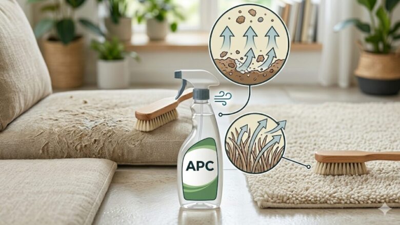 An APC spray bottle misting a soiled sofa fabric, visually demonstrating the chemical lifting action as dirt encapsulates and floats away, revealing a clean and restored velvety texture.