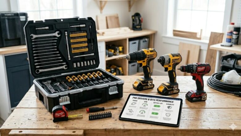 A professional selection of high-end tools featuring cordless drills, an impact driver, and an open mechanic tool case with wrenches and screwdrivers arranged on a wooden workbench