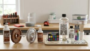A clean featured image for a DIY blog showing clear epoxy resin bottles with hardener next to a rusty gear and a fully restored clean metal gear on a workshop bench.