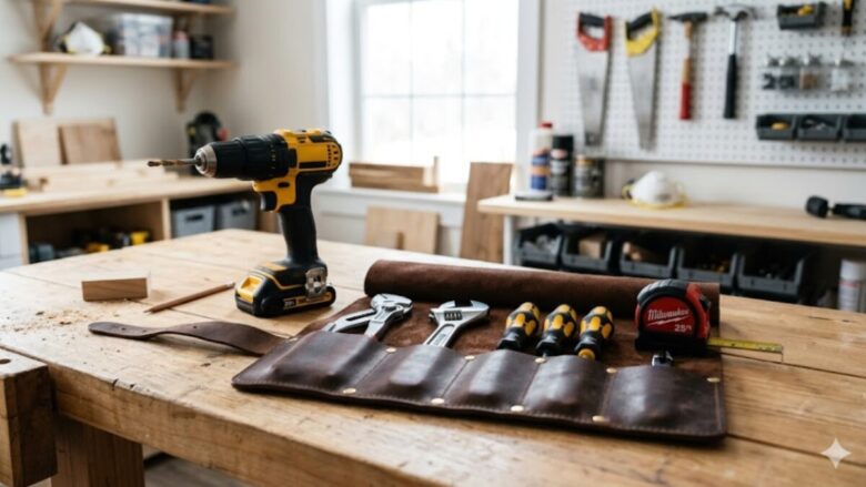 A high-end yellow cordless power drill sitting next to a professional leather tool roll on a clean wooden workbench