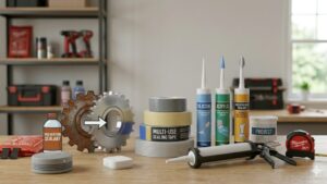 A clean and professional featured image showing various weatherproofing sealing tapes and waterproof sealant tubes arranged on a workshop wooden bench.