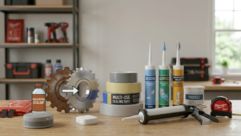 A clean and professional featured image showing various weatherproofing sealing tapes and waterproof sealant tubes arranged on a workshop wooden bench.