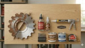 A clean and realistic featured image showing surface restoration products and repair kits on a workshop wooden workbench with finishing tools.