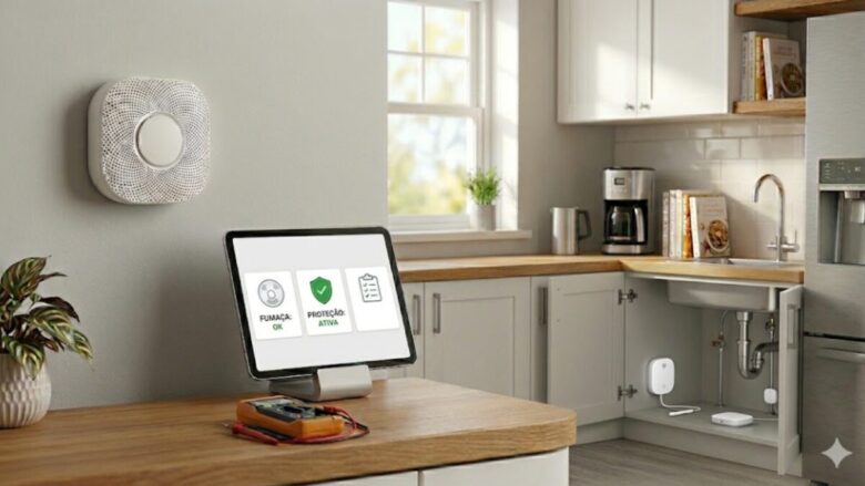 A clean, professional kitchen setup displaying a smart home security display on the counter, an open cabinet under the sink revealing a professional water leak sensor installation, and a smart smoke detector mounted on the wall.