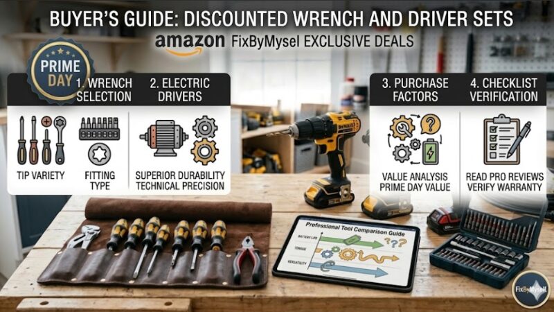 An educational infographic in English displaying a four-step buyer's guide for choosing professional wrench and driver sets during Amazon Prime Day exclusive deals.