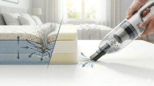 Uma imagem de capa profissional mostrando uma mão a utilizar um aspirador portátil moderno para remover poeira profunda e higienizar a superfície de um colchão de espuma.