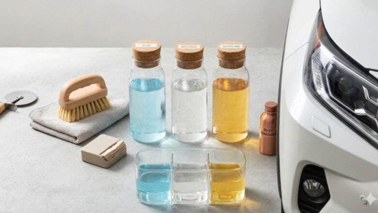 Three glass bottles representing cleaning products pH scale with acid, neutral, and alkaline liquids next to cleaning tools