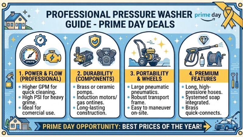 An English infographic guide for choosing professional pressure washers, outlining four key pillars: power and flow, component durability, portability, and premium features, with a Prime Day promotion theme