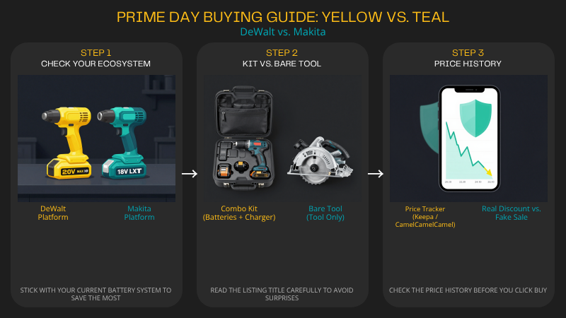Infographic comparing DeWalt and Makita tools for Prime Day, highlighting battery ecosystems, kit vs. tool-only options, and real price‑tracking tips.
