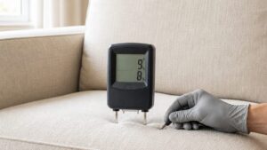 Image showing a digital moisture meter on an upholstered surface, illustrating the verification of internal foam dryness with technical focus and soft lighting