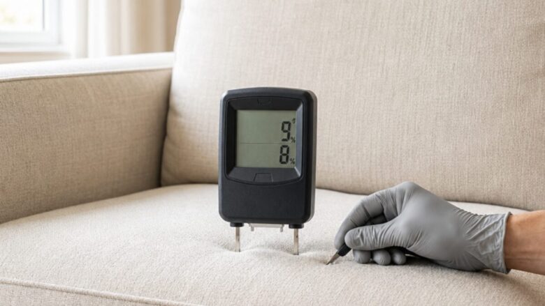 Image showing a digital moisture meter on an upholstered surface, illustrating the verification of internal foam dryness with technical focus and soft lighting