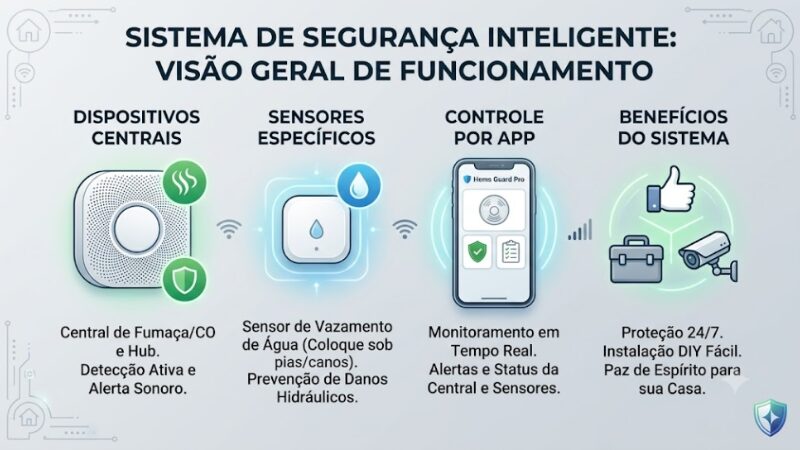 Infográfico clean e moderno em tons de azul e branco comparando a instalação de um detector de fumaça inteligente no teto e um sensor de vazamento de água dentro do armário da pia.