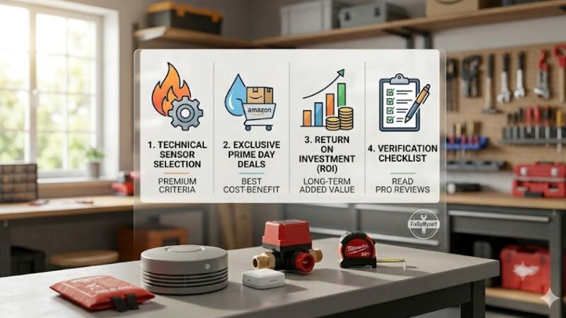 An educational smart home protection infographic in English displayed over a workshop workbench, featuring technical sensor selection, exclusive Prime Day deals, ROI metrics, and a verification checklist.