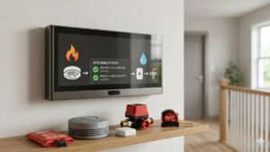 clean and professional featured image showing an active smart home security central control panel monitoring fire and water leak detection layout.