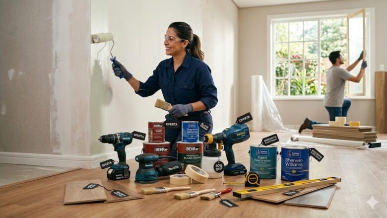 A woman painting a wall and a man fixing a window surrounded by power tools and paint cans with Black Friday sale tags.