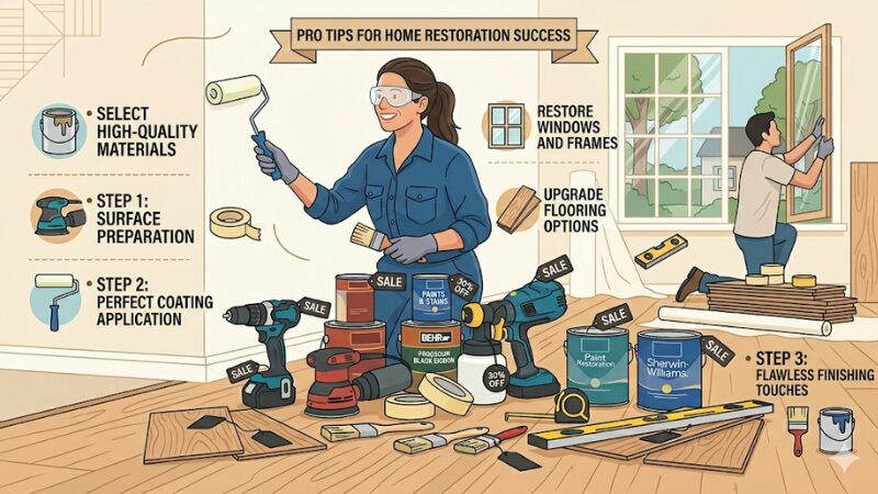 An illustrated infographic titled Pro Tips for Home Restoration Success, detailing surface preparation, coating application, and finishing touches.
