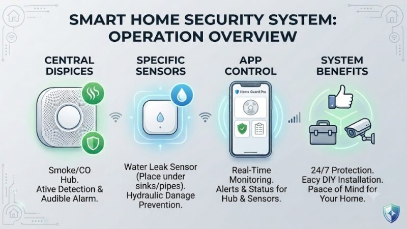 A modern smart home security infographic overview in English, featuring diagrams for central smoke detectors, specific water leak sensors under the sink, mobile app controls, and 24/7 DIY home protection benefits.