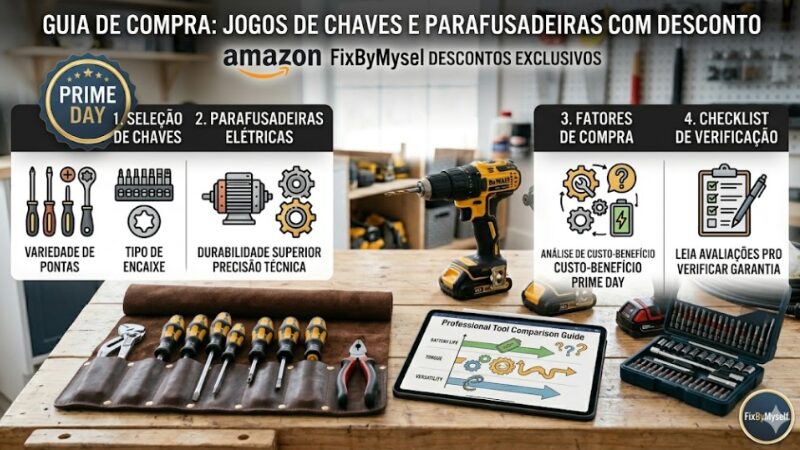 Um infográfico estruturado em quatro colunas com ícones e métricas técnicas comparando o desempenho de ferramentas profissionais de alta performance, focando em eficiência, torque, vida útil e carregamento.