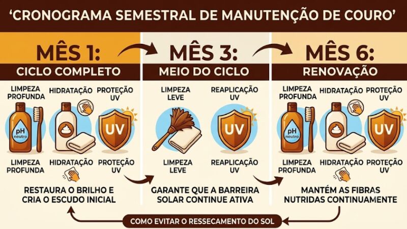 Infográfico mostrando o cronograma semestral de manutenção de couro em três etapas: limpeza profunda no mês 1, reaplicação do protetor UV no mês 3 e renovação do ciclo no mês 6.