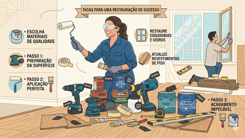Infográfico ilustrado com dicas para uma restauração de sucesso, mostrando passos desde a preparação da superfície até o acabamento com ferramentas em promoção.