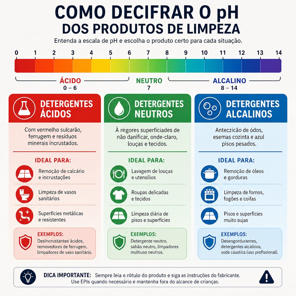 Infográfico detalhado da escala de pH dos produtos de limpeza mostrando exemplos de uso para detergentes ácidos, neutros e alcalinos no FixByMyself.com.