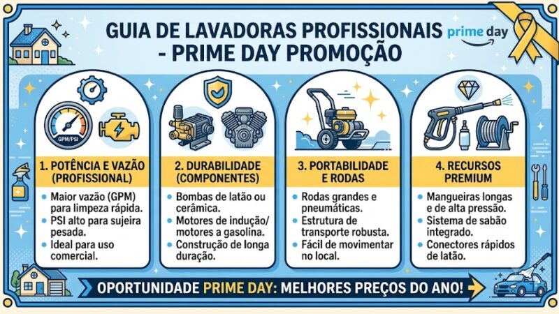 Infográfico em português sobre como escolher lavadoras de alta pressão profissionais, dividido em quatro colunas: potência e vazão, durabilidade dos componentes, portabilidade e rodas, e recursos premium