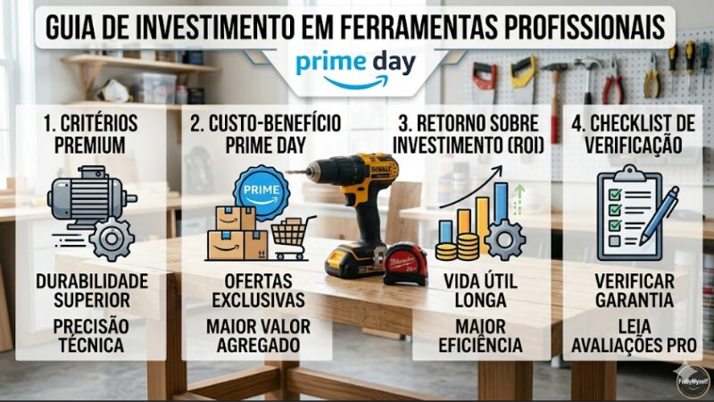 Infográfico explicativo estruturado em quatro colunas com ícones e critérios técnicos para investir em ferramentas profissionais de alta durabilidade durante o Prime Day