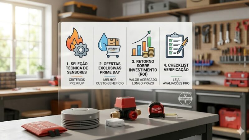 Infográfico sobre proteção residencial em uma bancada de oficina, mostrando critérios de seleção de sensores, ofertas do Prime Day, retorno sobre investimento e checklist de verificação.