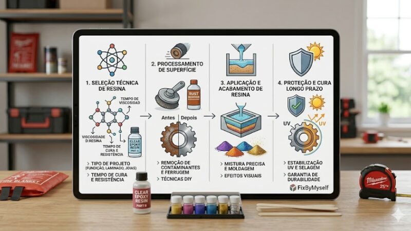 Infográfico explicativo estruturado com critérios técnicos para aplicação de resina epóxi e uso de removedores de ferrugem em projetos de restauração DIY.