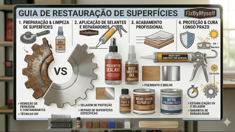 Infográfico completo em português com quatro colunas explicando preparação e limpeza de superfícies, aplicação de selantes, acabamento profissional e proteção de longo prazo.