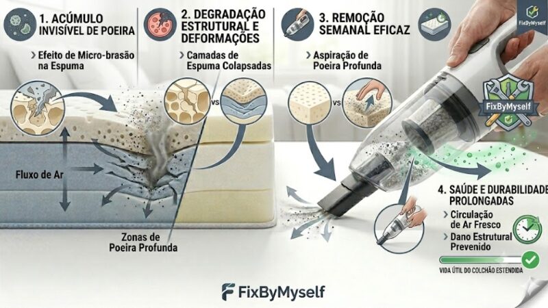 Infográfico explicativo detalhado sobre o impacto da poeira invisível na espuma do colchão, mostrando zonas de poeira profunda, fluxo de ar, danos estruturais e os benefícios da aspiração semanal.