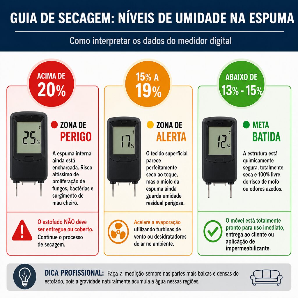 Infográfico mostrando os níveis de umidade na espuma de estofados medidos por um medidor digital, com zonas de perigo, alerta e sucesso em cores vermelho, amarelo e verde, e uma dica técnica no rodapé.
