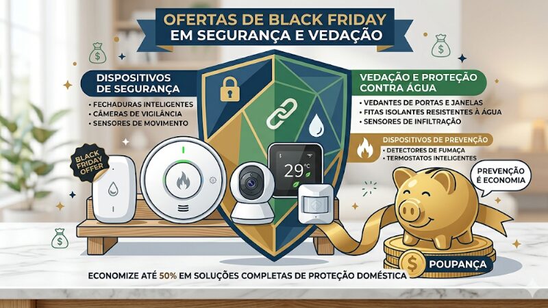 Infográfico com ofertas de Black Friday em segurança e vedação residencial. Apresenta listas de dispositivos de segurança, vedação contra água e prevenção de riscos, além de um porquinho de poupança.