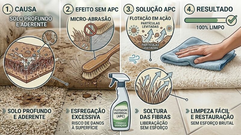 Infográfico explicativo em quatro etapas mostrando o funcionamento do flotador APC: acúmulo de sujeira profunda, danos causados por esfregação pesada, ação química de flotação e o resultado final com fibras restauradas.