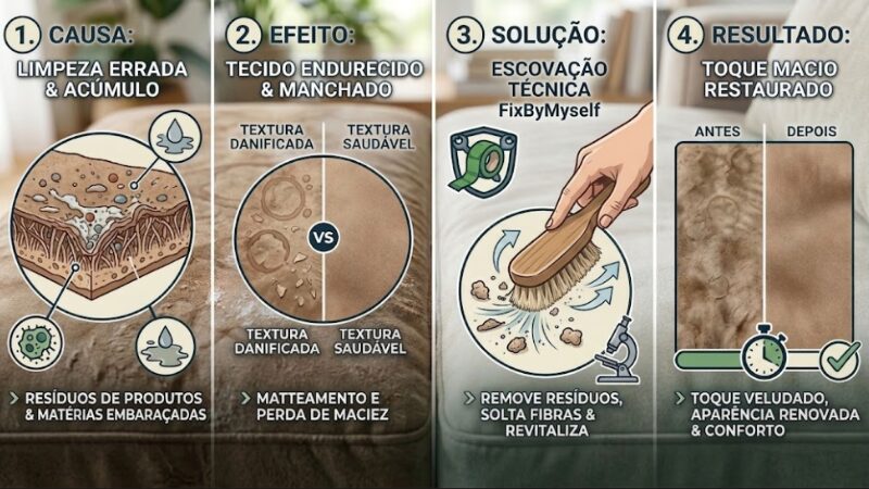 Infográfico explicativo em quatro colunas detalhando a causa do suede endurecido, o efeito nas fibras, a solução com escovação técnica e o resultado final com o toque macio e aveludado de volta.
