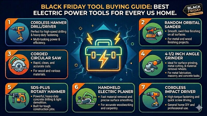 Numbered infographic from 1 to 7 displaying the best power tools for US homes: cordless hammer drill, random orbital sander, corded circular saw, angle grinder, rotary hammer, electric planer, and cordless impact driver.