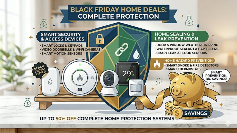 Infographic showing Black Friday home deals for complete protection. Lists smart security and access devices, home sealing, leak prevention, and home hazard prevention tips with a savings piggy bank.