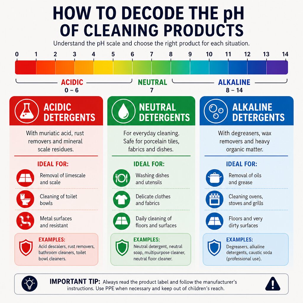 Detailed infographic of the cleaning products pH scale showing examples for acid, neutral, and alkaline detergents on FixByMyself.com