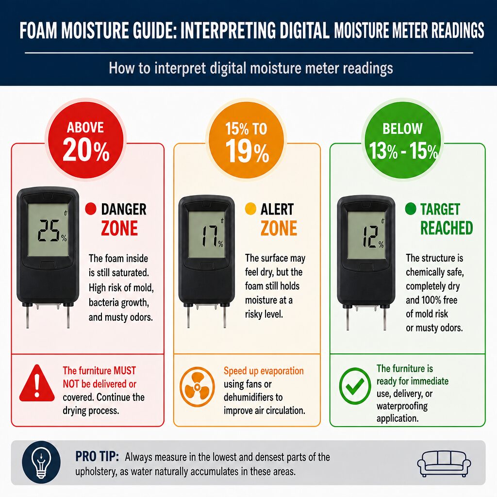 Infographic showing moisture levels in upholstery foam measured by a digital moisture meter, with danger, caution, and success zones in red, yellow, and green, plus a professional tip at the bottom.