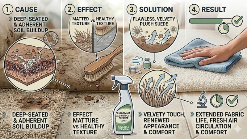 A 4-step cleaning infographic detailing APC technology: 1. Deep-seated and adherent soil buildup, 2. Matted texture vs healthy texture from scrubbing, 3. Flawless chemical floating action, and 4. 100% clean fabric and fiber restoration.